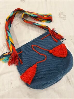 Colombian Mochila Handwoven Shoulder Bag with Multicolor Strap and Red Tassels